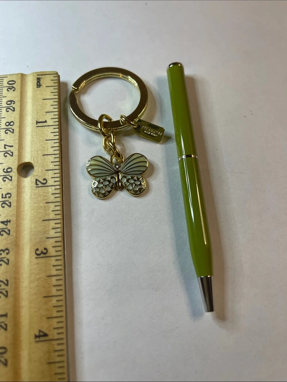 Coach Gold Butterfly Key Ring with Green Enamel Charm and Coach Pen